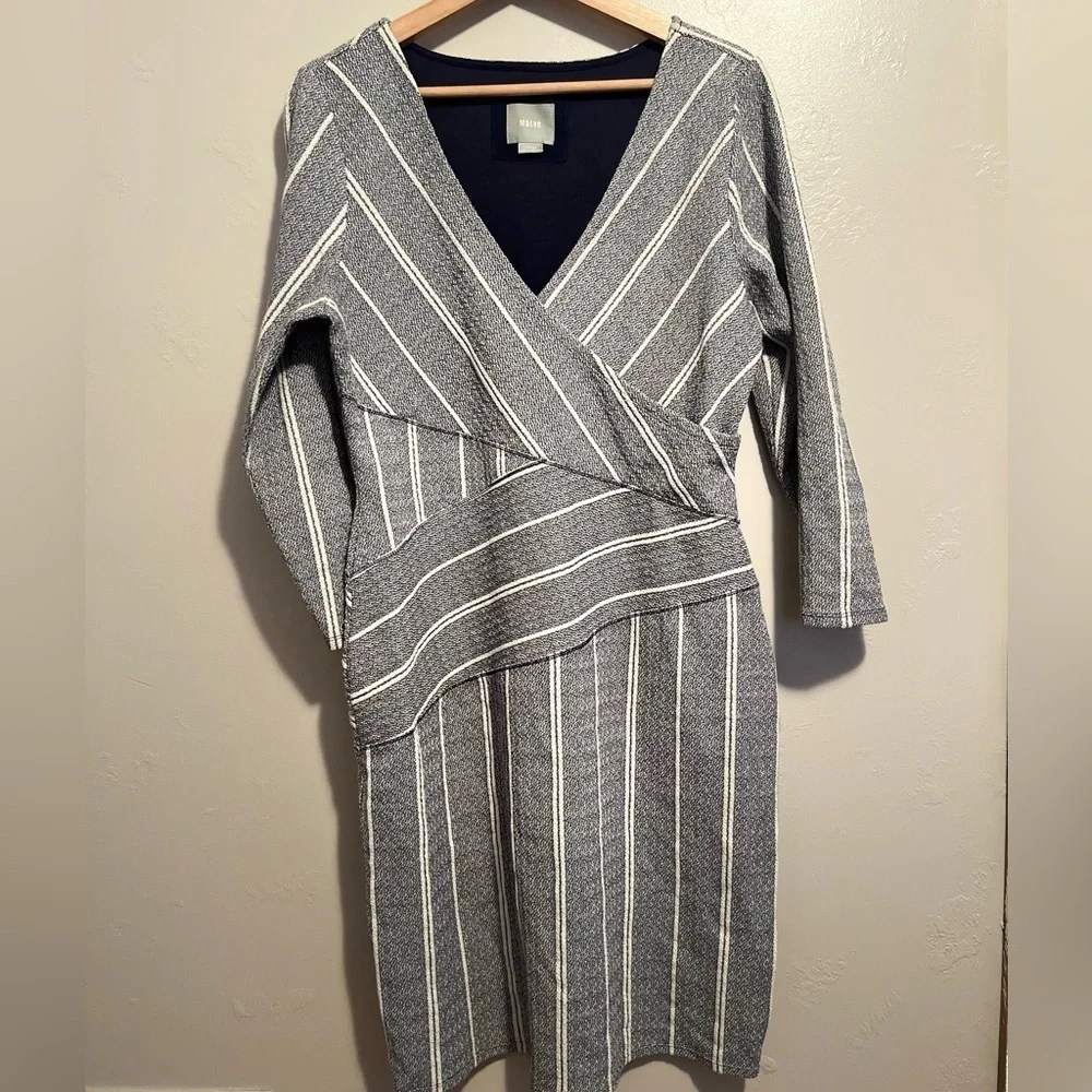 Anthropologie Maeve Striped V-neck Surplice 3/4 Sleeve Cotton Blend Dress - Picture 5 of 13